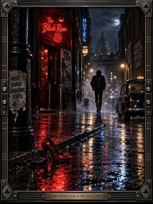 A solitary leather-clad figure disappears into a rain-soaked London street beneath a ghostly moon. Crimson neon, electric blue reflections, drifting mist, and an abandoned red heel create sinister tension. Vintage taxis, shadowy architecture, and glowing nightclub signs enrich the cinematic noir atmosphere, enclosed within an ornate metallic guitar-inspired frame.