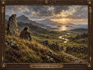 A solitary traveler rests beside a carved standing stone above a windswept Irish valley. Golden sunlight breaks through stormy clouds, illuminating a winding river, distant mountains, and shimmering sea. Earthy greens, violet heather, and weathered stone enrich the contemplative oil painting, enclosed within an ornate Celtic wood and brass frame.