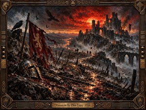 A shattered battlefield stretches beneath a blazing crimson sky, where a ruined fortress smolders above misty valleys. Broken armor, spears, and a torn lion banner litter the foreground while ravens circle overhead. Fiery reflections, dramatic shadows, and richly textured oil brushwork intensify the desolation, enclosed by an ornate Celtic frame.