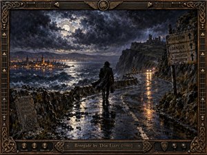 A solitary renegade walks a rain-soaked coastal road beneath turbulent moonlit clouds. Crashing waves, distant city lights, ruined castles, and ominous road signs evoke rebellion and uncertainty. Deep blues, charcoal shadows, and amber reflections enrich the dramatic oil painting, enclosed within an ornate Celtic-inspired bronze frame with musical details.