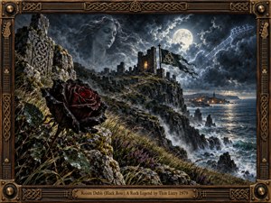 A black rose blooms above a storm-lashed Irish coast, where ruined towers and a tattered Celtic banner face moonlit seas. A ghostly womans face emerges from swirling clouds as guitar-shaped lightning flashes overhead. Deep blues, silver mist, and warm amber lights enrich the dramatic oil painting, framed by ornate bronze knotwork.