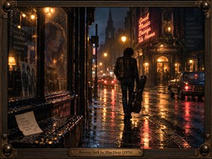 A lone musician carrying a guitar case walks through rain-soaked streets toward a warmly illuminated pub. Amber streetlights and crimson neon shimmer across wet pavement, while a womans ghostly reflection evokes lingering memories. Cinematic 1970s photography captures nostalgic longing beneath midnight blue shadows, enclosed within an ornate bronze musical frame.