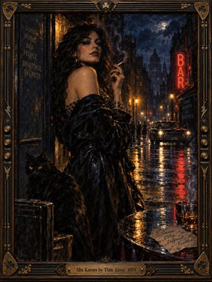 A mysterious dark-haired woman smokes beside a rain-soaked city street, accompanied by a watchful black cat. Crimson neon, amber streetlights, and distant headlights illuminate glistening pavement beneath a moonlit sky. Rich oil painting textures create a seductive 1970s noir atmosphere, enclosed within an ornate bronze guitar-inspired frame.