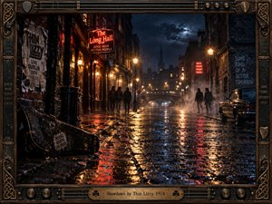 A rain-soaked Dublin street glows beneath amber lamps and crimson neon, its cobblestones reflecting light into the midnight blue. Shadowy figures approach through drifting mist, while a battered guitar case rests by torn concert posters. Cinematic 1970s photography captures simmering tension, enclosed by an ornate, music-inspired bronze and wood frame.