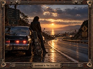 A lone leather-clad traveler stands beside a vintage black car and battered guitar case overlooking a winding coastal highway. Golden sunset breaks through storm clouds, illuminating wet pavement, distant city lights, and shimmering water. Cinematic 1970s photography captures restless freedom and melancholy, enclosed within an ornate wood-and-metal musical frame.