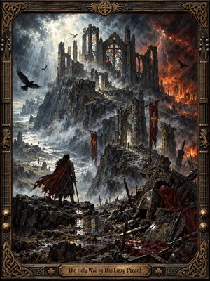 A lone cloaked warrior surveys a shattered Gothic cathedral above a ravaged valley. Pale sunbeams pierce storm clouds while lightning and orange fire consume the horizon. Ravens circle ruined spires, and fallen shields litter the foreground. Richly textured oil painting and ornate Celtic metalwork frame the apocalyptic scene.