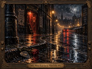 Rain glistens across a deserted Dublin street as a car disappears beneath amber lamps and a clouded moon. Beside a wilted red rose lies a shamrock guitar pick, while a crimson club doorway glows. Textured oil brushwork, blue-black shadows, and an ornate bronze guitar-themed frame evoke restless longing.