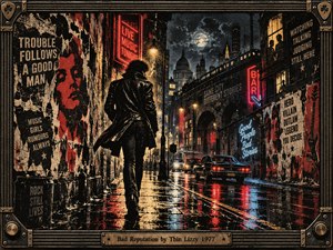 A lone leather-clad rebel strides through a rain-soaked 1970s city street, surrounded by torn posters, glowing neon signs, vintage cars, and shadowy onlookers. Crimson, amber, and electric blue reflections illuminate the gritty nocturnal scene. Distressed screenprint textures and an ornate metallic guitar-inspired frame reinforce its defiant rock atmosphere.