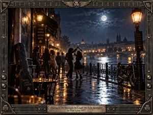 A moonlit riverside promenade glows with silver reflections and warm amber streetlights as a couple dances beneath the night sky. Vintage buildings, distant bridges, and gathering friends evoke 1970s romance. Cinematic photographic realism captures shimmering pavement, gentle movement, and nostalgic energy, enclosed within an ornate metallic, guitar-inspired frame.