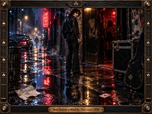 A leather-clad man glances back outside a smoky rock club as rain slicks a deserted alley. Crimson neon and amber streetlights ripple across midnight blue puddles, revealing an unsettling smiling reflection. Cinematic 1970s photography conveys seductive mistrust, enclosed by a dark guitar-inspired frame and engraved brass title plate.