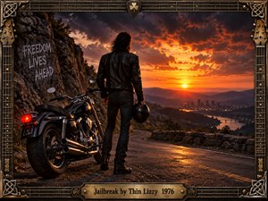 A lone biker stands beside a black motorcycle on a winding mountain road, gazing toward a fiery sunset above a distant city. Dramatic orange clouds, rugged cliffs, and glowing pavement evoke freedom and rebellion. Cinematic realism meets vintage rock aesthetics, framed by ornate guitar strings, Celtic metalwork, and an engraved brass title plate.