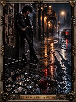 A solitary leather-clad musician leans against a weathered brick wall on a rain-soaked city street. Shattered mirrors, a fallen microphone, and a crimson rose litter glistening pavement. Amber streetlights pierce blue-black mist, casting haunting reflections. Cinematic 1970s noir photography unfolds within an ornate bronze, guitar-inspired frame.