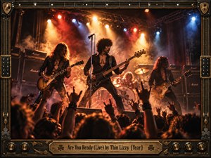A roaring 1970s rock concert erupts beneath amber, crimson, and blue spotlights. A commanding bassist stands between two guitarists, backed by pounding drums and swirling smoke. Raised hands fill the foreground, capturing electrifying crowd energy. Cinematic photography, gritty shadows, and an ornate guitar-inspired metal frame complete the dramatic scene.