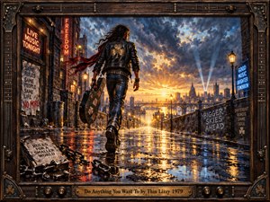 A rebellious long-haired rocker strides toward a golden horizon along a rain-soaked city street, carrying a battered guitar case. Broken chains symbolize freedom beneath stormy blue skies, glowing neon signs, and amber reflections. Rich oil painting textures capture defiance and determination, enclosed within an ornate guitar-inspired wooden frame.