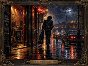 A solitary rocker carrying a guitar case walks away from a glowing club into a rain-soaked Dublin night. Amber stage lights and crimson neon shimmer across wet pavement beneath stormy blue skies. Distant bridges and illuminated spires deepen the melancholy, while ornate bronze Celtic knotwork frames this richly textured oil painting.