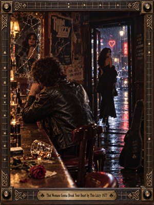 A brooding man sits alone in a smoky 1970s bar as a mysterious woman disappears into a rain-soaked street. Cracked mirrors, spilled whiskey, and a wilted rose suggest heartbreak. Amber lighting contrasts with crimson neon and midnight blues. Cinematic photography captures the melancholy, framed by ornate guitar-inspired metalwork.