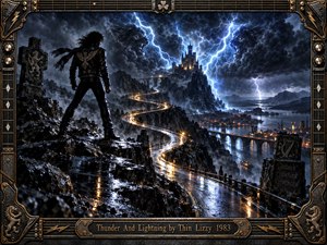 A leather-clad figure confronts a lightning-ravaged valley, where a glowing serpentine road climbs toward a distant fortress. Spectral beasts emerge from storm clouds above bridges and harbor lights. Electric blue flashes illuminate rain-soaked rocks, contrasting with amber reflections. Cinematic digital painting and an ornate metallic guitar-inspired frame heighten the defiant, mythic atmosphere.