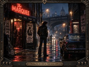 A leather-clad stranger lingers on a rain-soaked city street outside a glowing rock club, flanked by a vintage car, weathered posters, and a red telephone booth. Crimson neon ripples across dark pavement beneath misty amber streetlights. Cinematic 1970s photography and an ornate guitar-inspired metal frame evoke secrecy, tension, and restless nightlife.