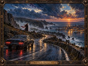 A vintage black car rests on a rain-slick coastal road beneath swirling blue and violet storm clouds. A windswept woman overlooks crashing waves and a glowing harbor at sunset. Rich oil brushwork captures restless freedom and melancholy, framed by weathered wood, guitar details, Celtic motifs, and an engraved bronze title plate.