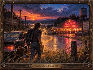 A lone man stands beside a black sports car on a rain-slick Southern road, drawn toward a glowing dance hall beneath a fiery violet sunset. Warm neon reds and golds contrast with cool blue clouds, while reflective pavement, roadside grass, telephone poles, and an ornate guitar-themed frame create a romantic, cinematic oil-painted atmosphere.