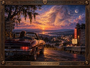 A vintage convertible overlooks a glowing Southern town at sunset as an ethereal woman emerges dreamlike from fiery clouds. Warm oranges, violet blues, neon lights, and moonlit haze create romantic longing. Rich oil-painted detail, winding roads, reflective chrome, roadside signs, and an ornate guitar-inspired frame reinforce the nostalgic rock atmosphere.