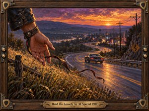 A richly detailed oil painting shows an open hand releasing a leather strap beside a winding highway at sunset, while a classic car disappears toward a glowing Southern town. Warm orange, gold, and violet light creates a reflective, freeing mood, framed with aged wood, brass hardware, guitar strings, and amplifier details.
