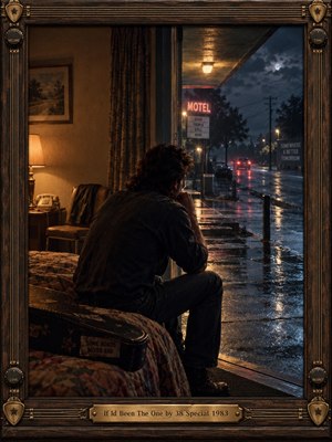 A solitary man sits in a dim roadside motel doorway, watching taillights fade along a rain-soaked road. Warm amber lamplight contrasts with cool blue night, neon reflections, and stormy clouds. Cinematic photographic styling, vintage grain, guitar-themed framing, and quiet symbolic details create a mood of regret, longing, and lost possibility.