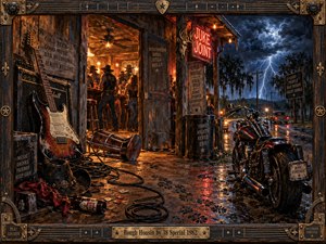 A stormy Southern roadhouse glows with amber light as a weathered guitar, motorcycle, scattered picks, cables, and rain-slick boards suggest restless nightlife and rugged energy. Deep browns, crimson neon, steel blues, and lightning create a dramatic contrast, framed by distressed wood, brass hardware, strings, and musical details.