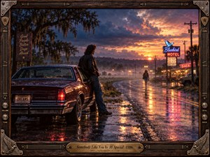 A rain-soaked Southern highway glows beneath a dramatic blue, violet, and amber sunset. A lone man leans against a burgundy classic car as a distant woman approaches through mist near a neon motel and diner. Cinematic 1980s photographic styling, wet reflections, roadside signs, and a guitar-themed frame create hopeful romantic nostalgia.