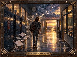 A lone student walks through a shadowy school hallway toward open doors and a glowing sunset road beyond. Cool blue lockers, drifting papers, warm golden reflections, stormy clouds, and birdlike forms create a tense yet hopeful mood. Detailed painterly realism and a guitar-inspired frame reinforce the 1980s rock atmosphere.