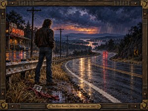 A lone man stands beside a rain-slicked highway at stormy dusk, watching distant red taillights disappear around a winding road. Neon motel light, telephone poles, wet reflections, mountains, and scattered keepsakes deepen the melancholy. Rich oil-paint textures, indigo clouds, amber highlights, and a guitar-inspired wooden frame create cinematic Southern-rock atmosphere.