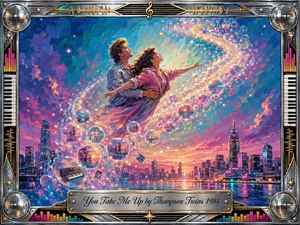 A joyful couple rises through a luminous swirl of iridescent bubbles above a neon-lit city waterfront. Vibrant blues, pinks, purples, and golds create an uplifting, dreamlike mood. Painterly textures, sparkling light, musical symbols, and miniature memories fill the scene, framed by chrome, keyboards, equalizers, and mirrored disco-ball details.