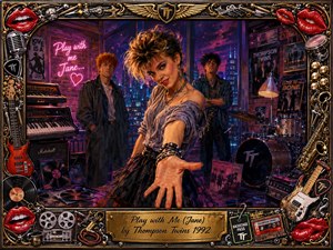 A flirtatious woman reaches toward the viewer in a neon-lit 1990s music studio, framed by two brooding bandmates, keyboards, drums, guitars, records, and posters. Rich magenta, violet, blue, gold, and red tones create a playful, seductive mood, while dramatic city lights and an ornate rock-themed frame heighten the theatrical digital-painting style.