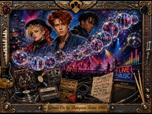 A richly detailed retro collage celebrates Groove On with three expressive musicians overlooking a neon-lit concert scene. An S-curving trail of glowing bubbles captures dancing figures and nightlife moments, surrounded by records, tapes, instruments, stage gear, and memorabilia. Deep blues, magentas, chrome, and gold create energetic theatrical warmth within an ornate musical frame.