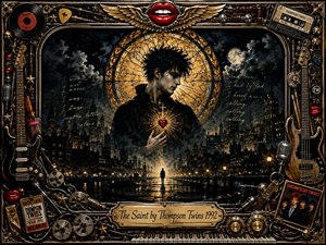 A brooding saintly figure stands beneath a radiant golden halo above a moonlit city waterfront, clutching a glowing heart. Deep blacks, bronze, gold, and crimson create a dramatic gothic mood. Ornate guitars, microphones, records, tapes, wings, red lips, and metallic details frame the richly textured, cinematic composition.
