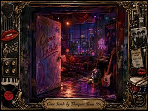 An open doorway reveals a richly textured neon-lit music loft overlooking a glowing city skyline. Deep purples, reds, blues, and amber light create an inviting, nostalgic mood. Guitars, keyboards, records, posters, and a disco ball fill the scene, framed by ornate gold-and-black musical details and a centered engraved title plate.