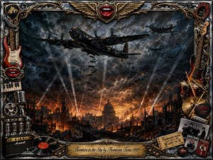 A dramatic wartime sky fills the scene as heavy bombers cross above a burning city, framed by storm clouds, searchlights, and fiery orange light. The dark cinematic composition is surrounded by an ornate chrome-and-gold rock memorabilia border featuring guitars, drums, records, microphones, bright red lips, and an engraved title plate.