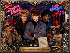 A lavish neon-lit 1980s pop collage centers three stylish musicians against a rain-slicked city nightlife scene, surrounded by chrome, gold, records, amplifiers, microphones, and concert memorabilia. Rich reds, blues, blacks, and metallic highlights create a glamorous, energetic mood, framed by ornate rock-themed detailing and a prominent engraved title plate.