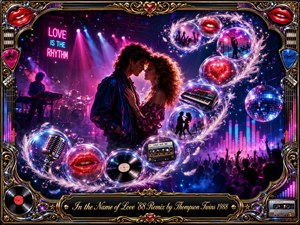 A romantic couple stands close beneath glowing neon stage lights in a vibrant 1980s nightclub scene. Feathered bubbles sweep in an S-curve, carrying red lips, vinyl, cassette, microphone, synthesizer, hearts, and dancers. Electric pink, blue, violet, and gold lighting creates a glamorous synth-pop mood within an ornate chrome-and-gold musical frame.