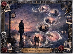 A solitary figure stands on a rain-slicked waterfront at dusk, surrounded by glowing memories drifting in feathered bubbles along an S-shaped path. Smoky blues, violets, rose, and amber light create a wistful, romantic mood. Watercolor-like textures, reflective pavement, roses, photographs, musical details, and an ornate metallic frame deepen the nostalgic farewell.