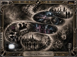 A dramatic charcoal timeline winds through the twentieth century in smoky S-curves, blending industrial streets, neon cityscapes, vintage televisions, records, cassettes, clocks, and futuristic skylines. Mostly black, gray, and silver, the artwork glows with restrained cyan and magenta accents, framed by ornate chrome, gold, musical hardware, and an engraved title plate.