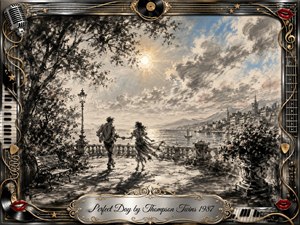 A romantic couple walks hand in hand along a sunlit seaside promenade, framed by trees, flowers, distant sailboats, and a hillside town. Soft charcoal textures blend with pale blue, gold, and blush highlights, creating a nostalgic, dreamy mood. An ornate chrome-and-gold musical frame surrounds the luminous scene.