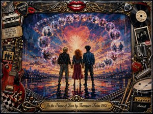Three figures stand hand in hand beside reflective water, facing a glowing heart-shaped sunset beneath an arc of memory-filled bubbles. Rich blues, crimson, gold, and orange create a nostalgic, romantic mood. A lavish 1980s collage frame surrounds the scene with guitars, records, microphones, tickets, chrome hardware, and ornate gold details.