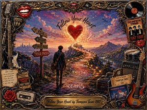 A lone traveler follows a glowing mountain path toward a radiant red heart suspended in a dramatic sunset sky. Warm gold, crimson, violet, and blue tones create an uplifting, dreamlike mood. An ornate rock-inspired frame surrounds the scene with guitars, microphones, records, tickets, drums, roses, chrome details, and a vintage engraved title plate.