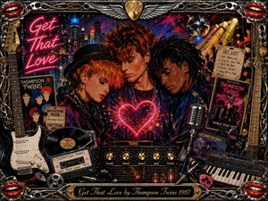 Three bandmates gather around a glowing neon heart in a vibrant 1980s nightclub scene, framed by guitars, records, microphones, keyboards, and chrome ornamentation. Electric pinks, blues, golds, and deep blacks create a dramatic, energetic mood, while spotlights, city lights, posters, and memorabilia give the richly detailed pop-art composition nostalgic intensity.