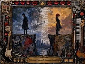 Two solitary figures stand on opposing cliffs above a distant city, divided by a deep chasm and contrasting blue and amber skies. The moody mixed-media painting blends rough textures, handwritten fragments, and urban decay. A lavish metallic frame of instruments, records, red lips, cables, and gold ornament reinforces the songs emotional separation.