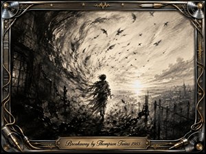 A lone figure strides from a dark, fractured landscape toward a glowing horizon as birds, feathers, and charcoal debris swirl upward in freedom. Deep blacks and smoky grays contrast with warm light. An ornate chrome-and-gold musical frame, vinyl accents, cables, and engraved title plate complete the dramatic, hopeful charcoal composition.
