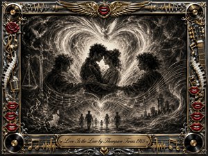 A tender couple embraces beneath a radiant heart-shaped halo, surrounded by supportive figures, a soaring dove, flowing musical lines, and distant families walking toward light. Deep feathered charcoal creates a dramatic monochrome atmosphere, while chrome, gold, red lips, roses, instruments, and records form an ornate, luminous musical frame.