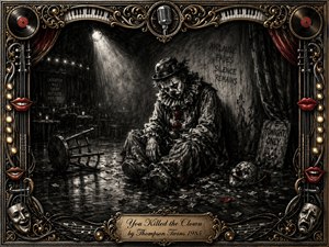 A sorrowful clown slumps beneath a fading spotlight on an abandoned cabaret stage, surrounded by scattered confetti, a toppled stool, and theatrical debris. Deep feathered charcoal textures, smoky grays, silvery highlights, and restrained red accents create a haunting mood, framed by ornate gold, chrome, musical motifs, masks, and vivid smiling lips.