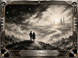 Two silhouetted figures stand on a dark charcoal ridge, facing a radiant futuristic city beyond a winding luminous path. Feathered black-and-white textures blend night, stars, birds, and dawn into a hopeful dreamscape. A polished chrome-and-gold musical frame surrounds the scene, with piano keys, vinyl records, microphones, and an engraved title plate.